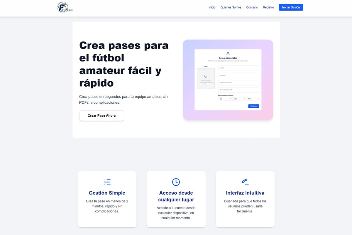 Plataforma de Creación de pases Futbol Amateur